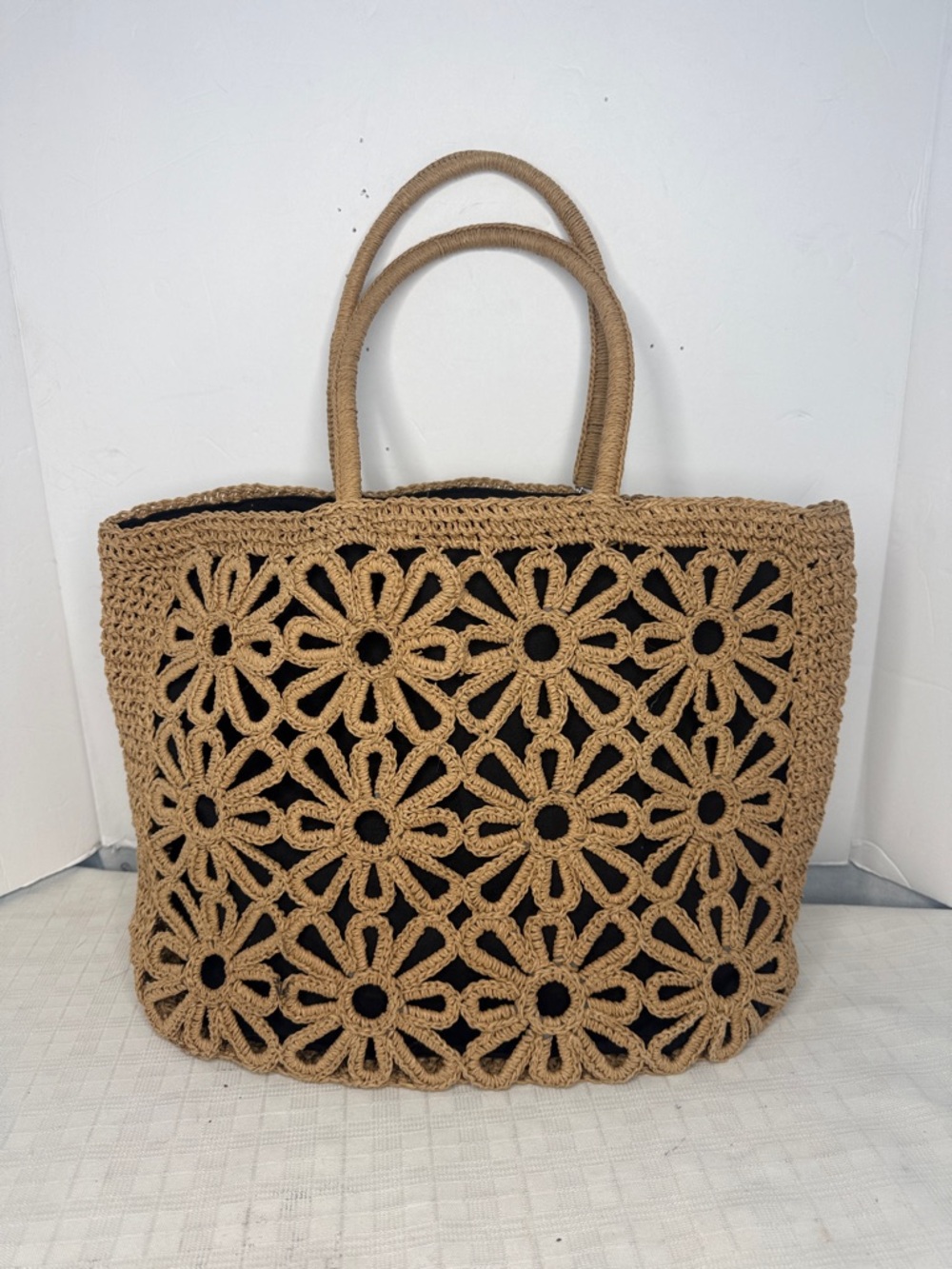 Woven Daisy Crochet Tote Bag - Tan